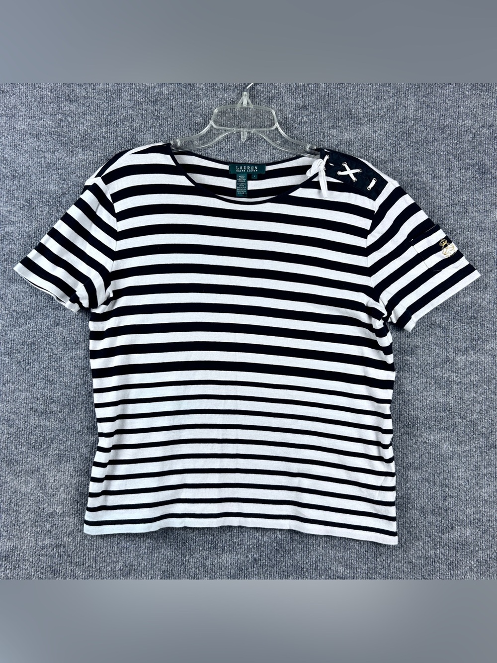 Lauren Ralph Lauren Black White Striped Lace Up Shoulder Crest Top Size Large L